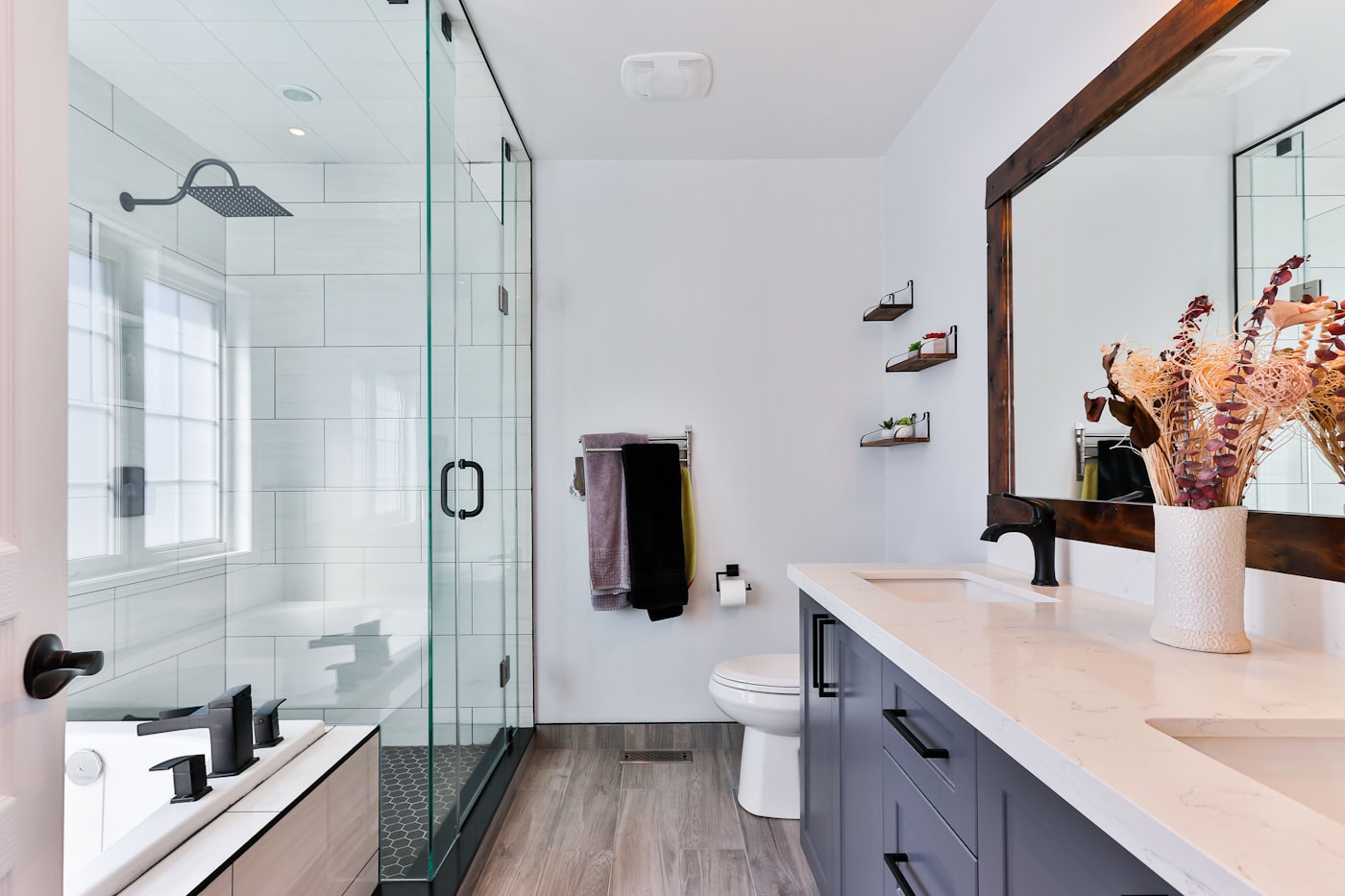 Modern bathroom with a glass shower and vanity